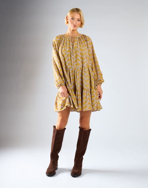 Glamorous Long sleeve mini dress in ochre floral - view 1