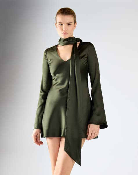 Glamorous Long sleeve mini dress with scarf detail in deep khaki - view 1