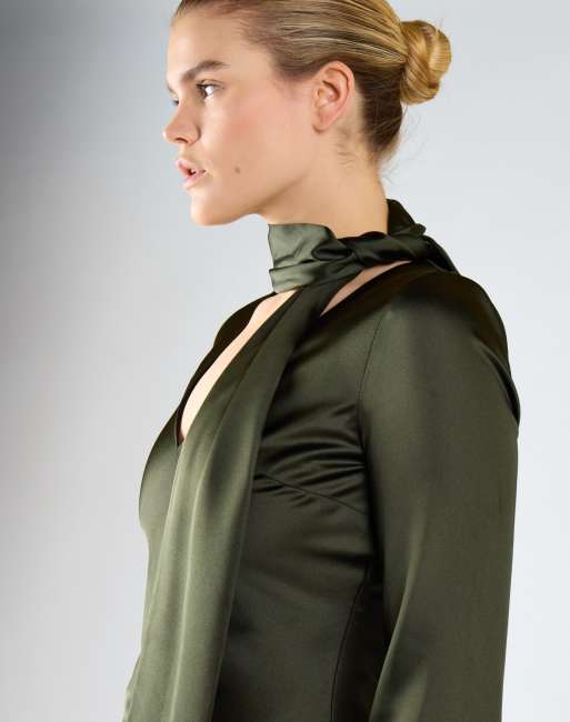 Glamorous Long sleeve mini dress with scarf detail in deep khaki, 3 of 4