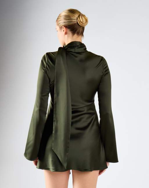 Glamorous Long sleeve mini dress with scarf detail in deep khaki, 4 of 4