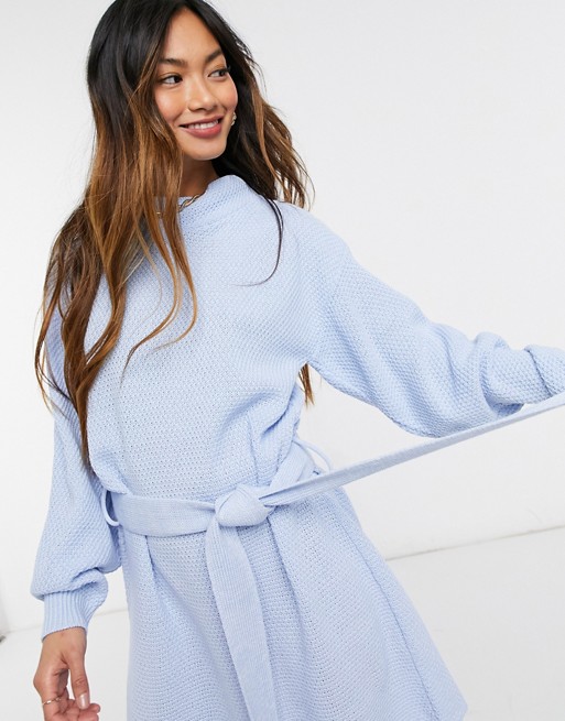 Glamorous long sleeve mini jumper dress with tie waist in blue