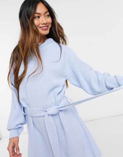 Glamorous long sleeve mini jumper dress with tie waist in blue ASOS