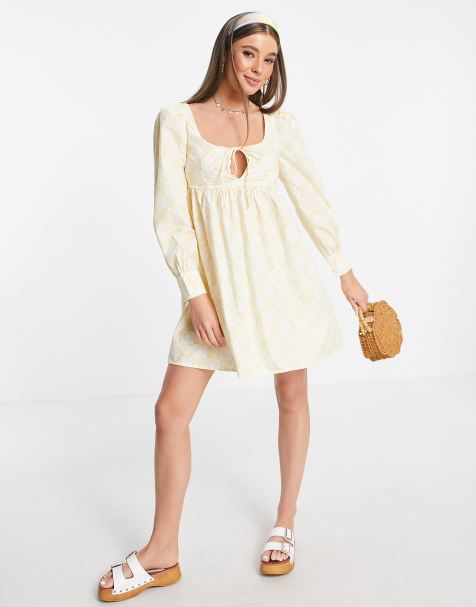 Glamorous long sleeve mini prairie dress in yellow check print - view 1