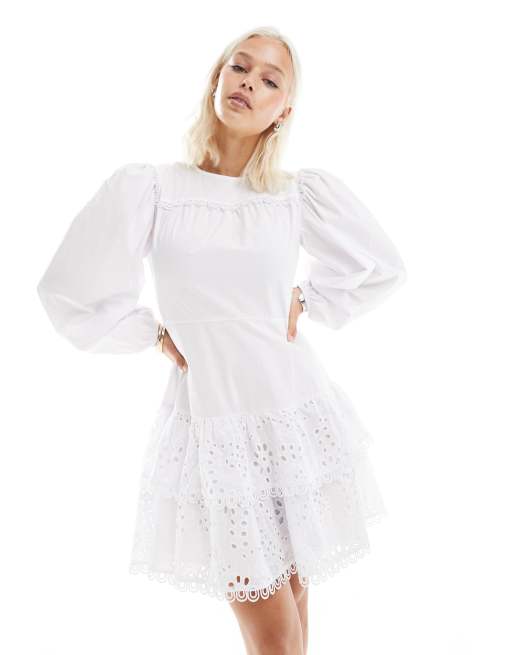 Glamorous long sleeve mini smock dress in white broderie