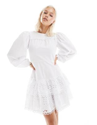 Glamorous Long Sleeve Mini Smock Dress In White Eyelet