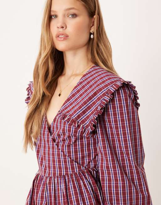 Glamorous long sleeve mini smock dress with dramatic collar in red blue check, 2 of 4
