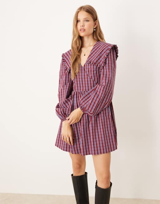 Glamorous long sleeve mini smock dress with dramatic collar in red blue check, 4 of 4