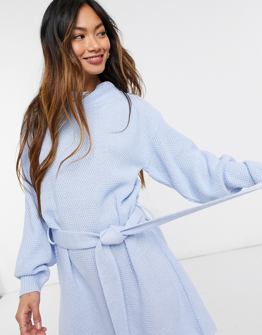 Glamorous long sleeve mini sweater dress with tie waist in blue-Blues