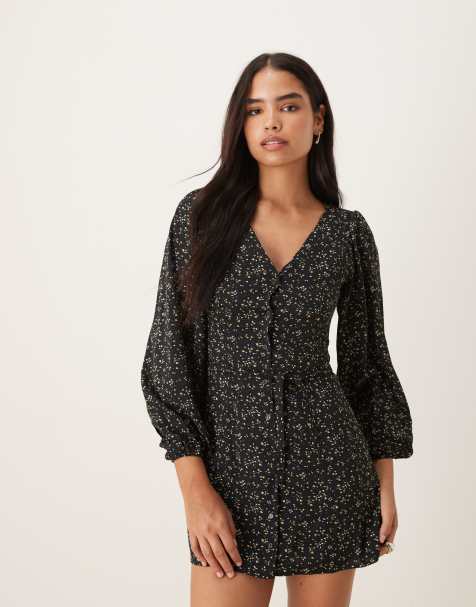 Glamorous long sleeve mini tea dress in black ditsy floral - view 1