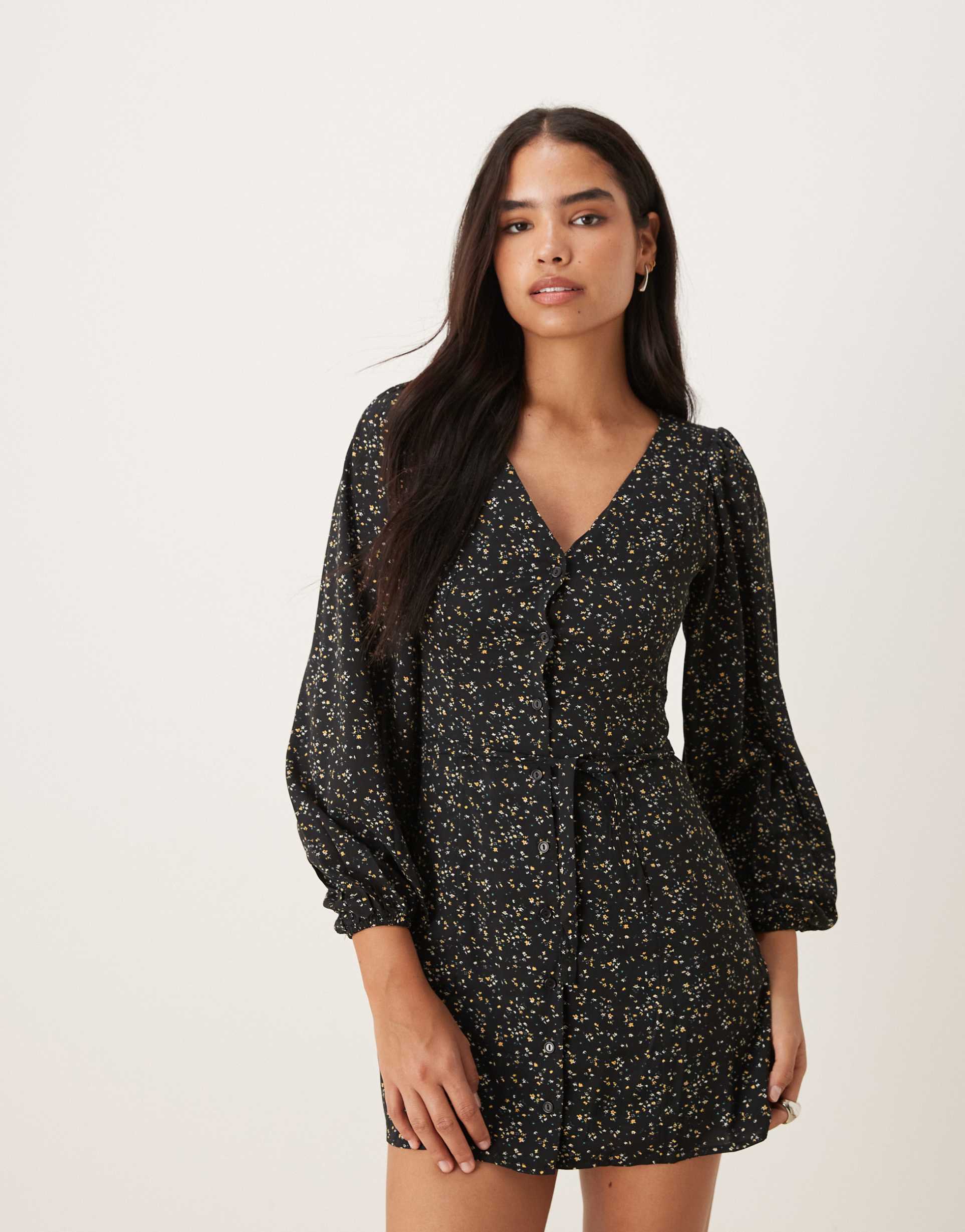 glamorous long sleeve mini tea dress in black ditsy floral