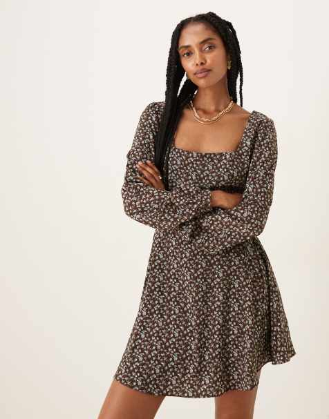 Glamorous long sleeve mini tea dress in brown blue floral - view 1