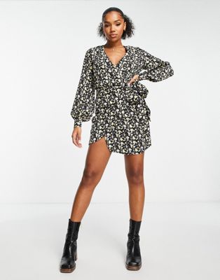 Glamorous long sleeve mini wrap dress with tie waist in bright ditsy floral - ASOS Price Checker