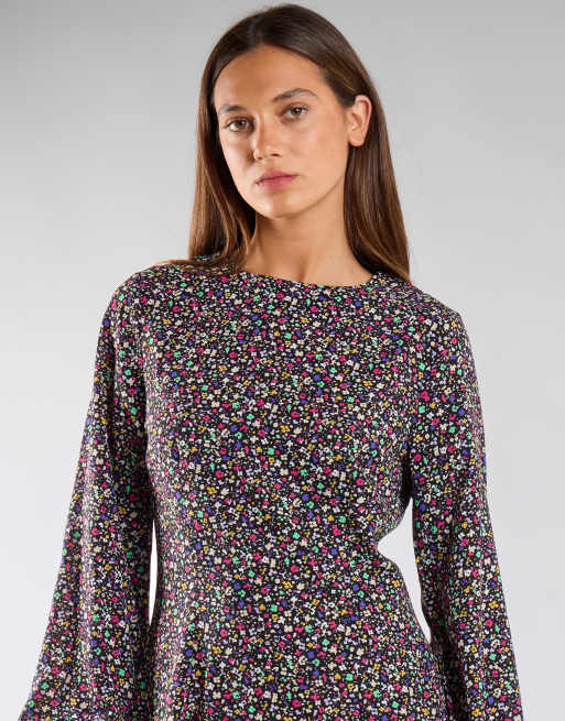 Glamorous Long sleeve mixi dress in multi splodge floral, 3 of 4