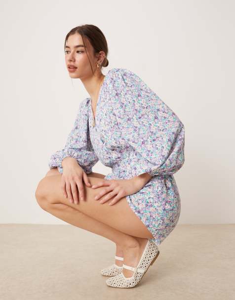 Glamorous Long sleeve playsuit in lilac blue ditsy - view 1
