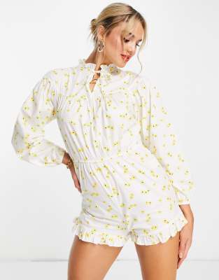 Glamorous Long Sleeve Playsuit In Yellow Floral