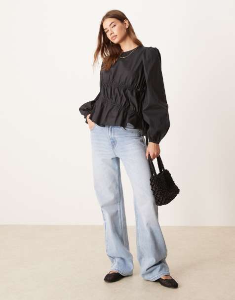 Glamorous long sleeve poplin asymmetric shirred top in black - view 1