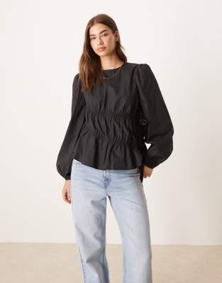 Glamorous Long Sleeve Poplin Asymmetric Shirred Top In Black