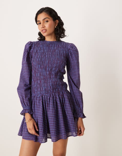 Glamorous long sleeve poplin mini dress in navy burgundy check - view 1