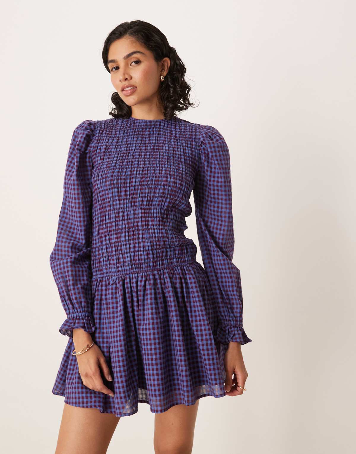 Glamorous long sleeve poplin mini dress in navy burgundy check
