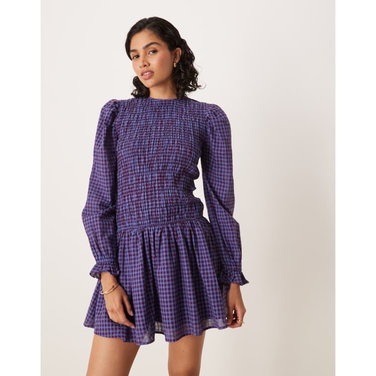 Glamorous long sleeve poplin mini dress in navy burgundy plaid | ASOS