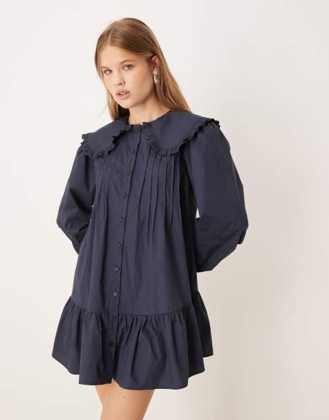 Glamorous long sleeve poplin pintuck shirt mini dress in navy - view 1