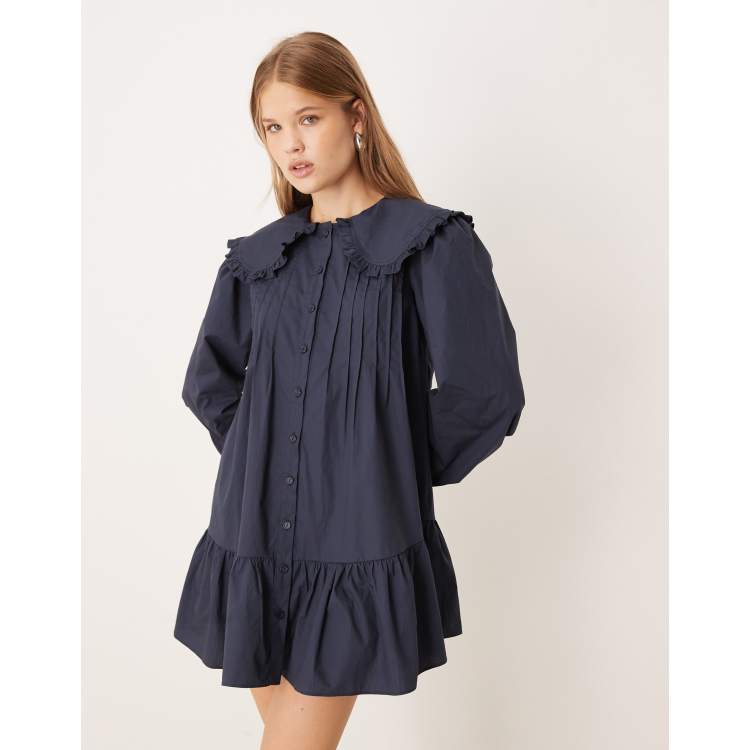 Glamorous Long Sleeve Poplin Pintuck Shirt Mini Dress in Navy