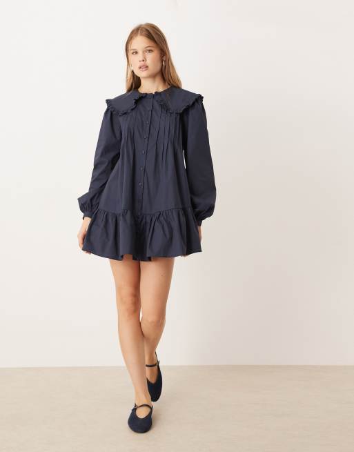 Glamorous long sleeve poplin pintuck shirt mini dress in navy | ASOS