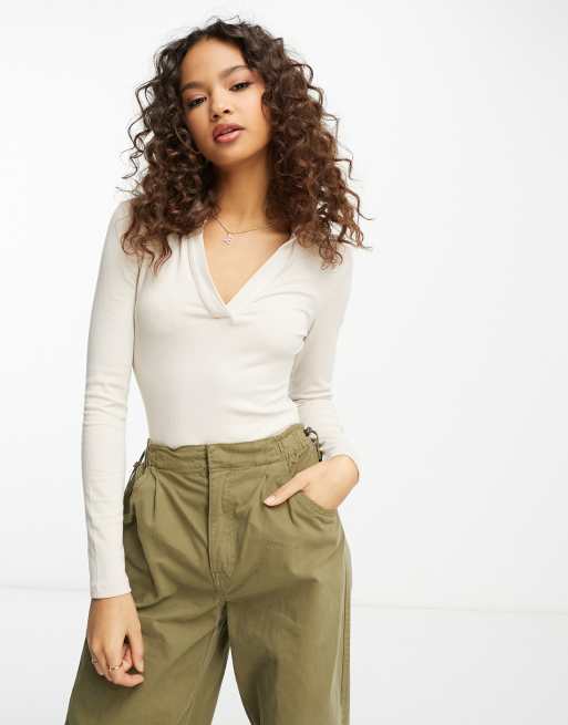 Glamorous long sleeve ribbed bodysuit with collar in oatmeal | ASOS