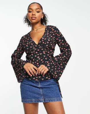 Glamorous Long Sleeve Rose Print Wrap Top In Black