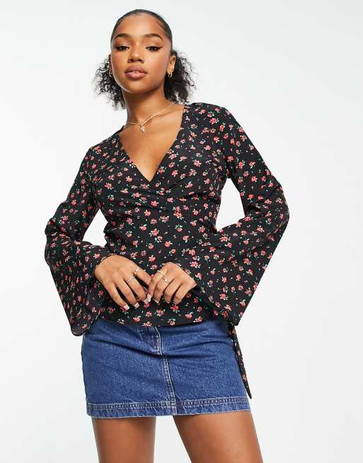 Glamorous long sleeve rose print wrap top in black | ASOS