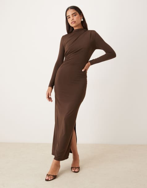 Glamorous Long Sleeve Ruched Bodycon Maxi Dress in dark brown