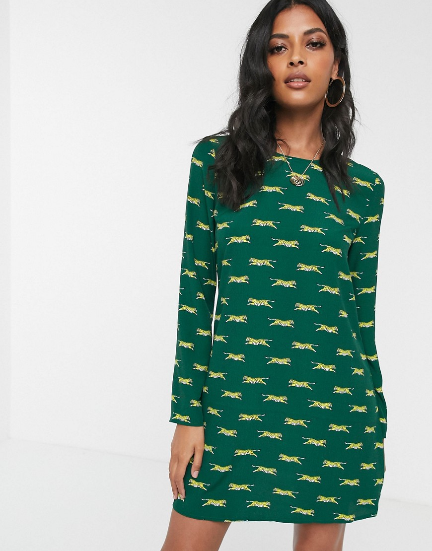 Glamorous Long Sleeve Shift Dress In Tiger Print-green