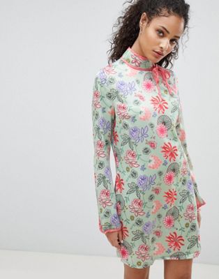 high neck long sleeve floral dress