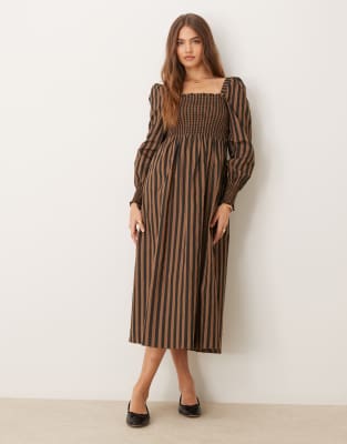 long sleeve shirred bodice maxi dress in brown/ black stripe-Multi