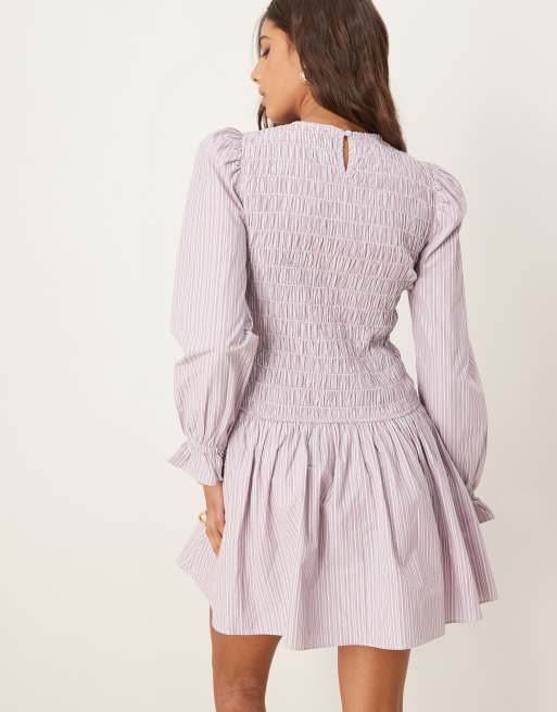 Glamorous long sleeve shirred drop waist poplin dress in lilac stripe-Purple