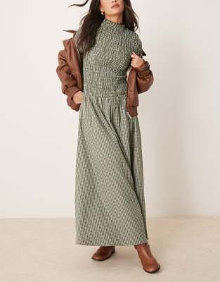 long sleeve shirred maxi dress in green and blue check-Multi