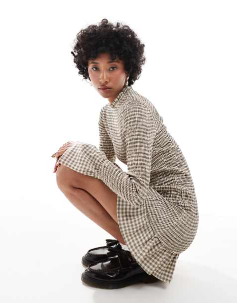 Glamorous long sleeve shirred mini dress in beige black check - view 1