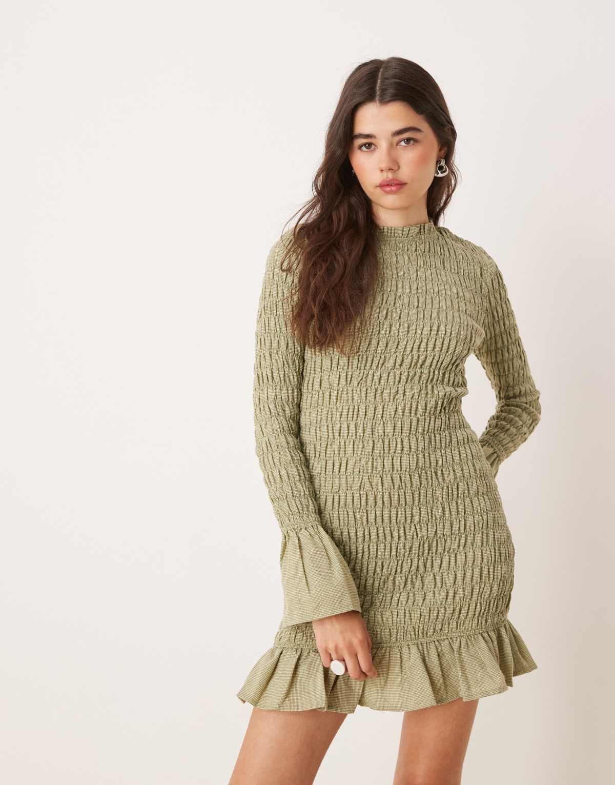 Glamorous long sleeve shirred mini dress in green check