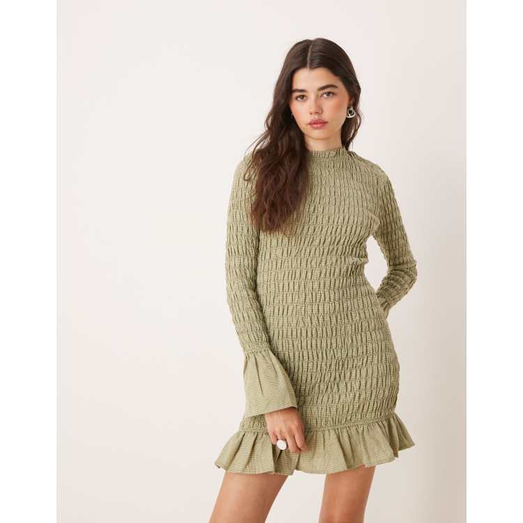 long sleeve shirred mini dress Lilith Long Sleeve Shirred High Neck Loose Mini Dress Red / M / 100 | Indie & Co