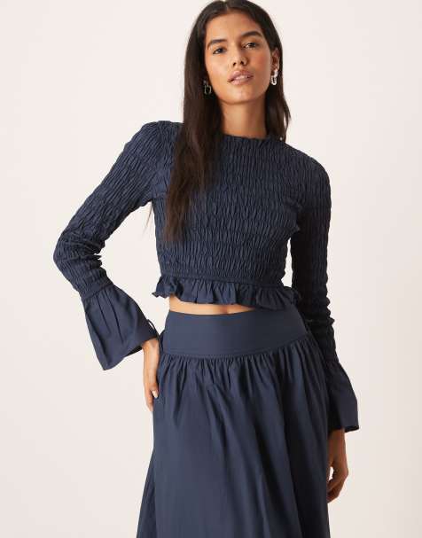 Glamorous long sleeve shirred top in navy blue co-ord