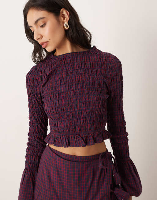 Glamorous long sleeve shirred top in red check (part of a set), 3 of 4
