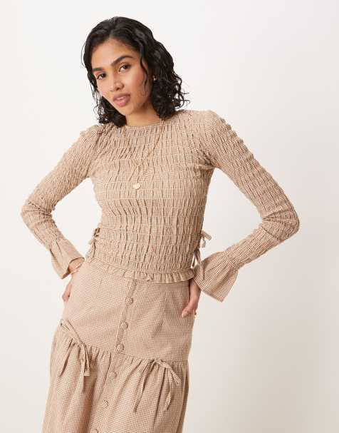Glamorous long sleeve shirred top with tie sides in light brown check (Part of a set) - view 1