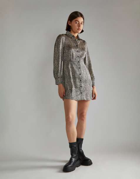 Glamorous Long sleeve shirt dress in black stone spot