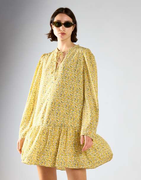 Glamorous Long sleeve smock dress in citron ditsy floral
