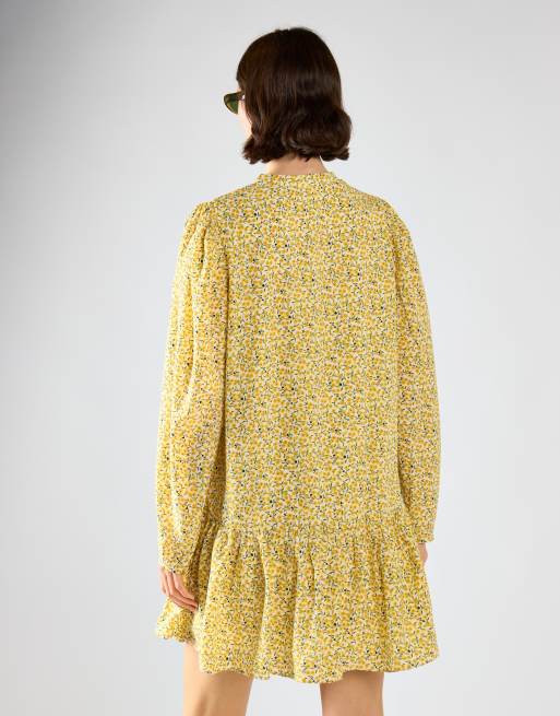 Glamorous Long sleeve smock dress in citron ditsy floral, 3 of 4