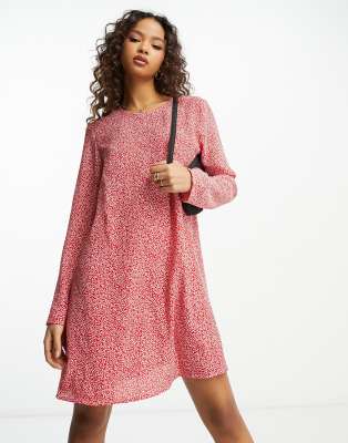 long sleeve smock dress in red white floral-Multi