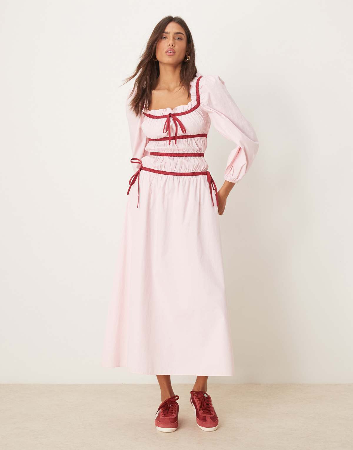 Glamorous long sleeve square neck midaxi dress in light pink with red contrast
