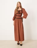 [Glamorous] Glamorous long sleeve square neck midaxi dress in red brown check with black contrast-Multi 18 RED BROWN CHECK