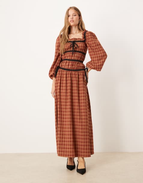 Glamorous long sleeve square neck midaxi dress in red brown plaid with black contrast - view 1