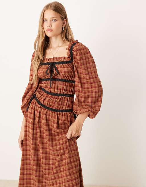 Glamorous long sleeve square neck midaxi dress in red brown plaid with black contrast